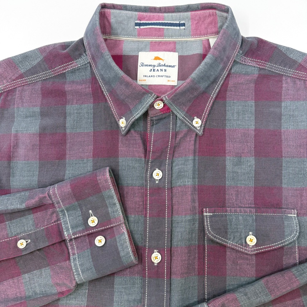 Tommy Bahama Jeans Mens Large Corduroy Button Down Shirt‎ Plum Grey Plaid L/S